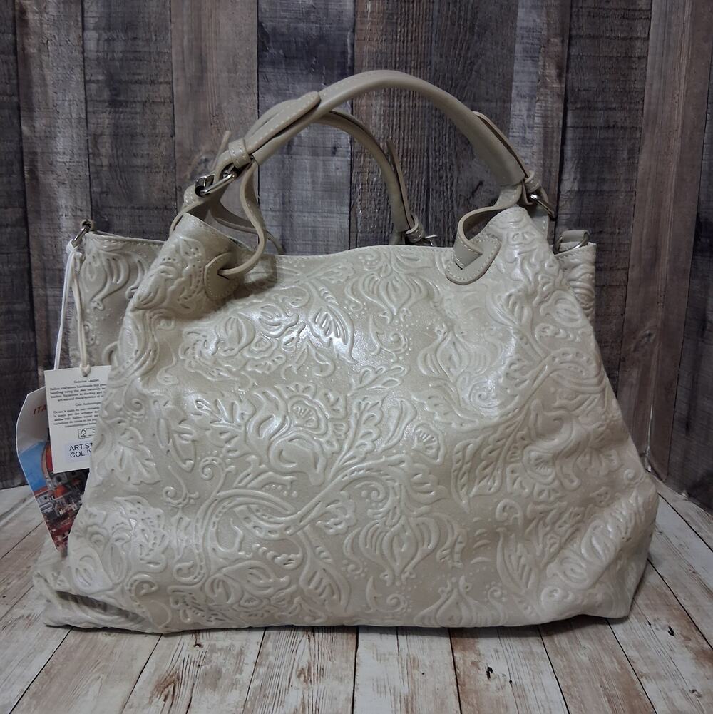 Isadora of Florence Italian Leather Large Satchel Tote Bag Ivory Embossed